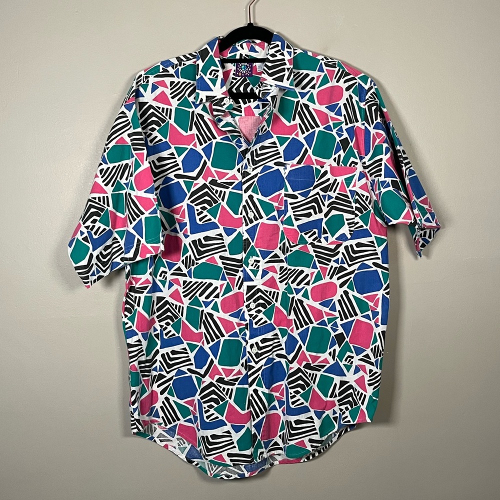 Vintage‎ 90's Pro Spirit Printed Button Up Short Sleeve Pink Blue Men's Medium